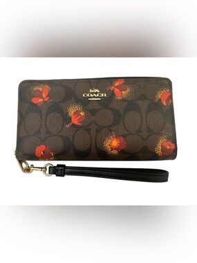 Coach Signature Canvas Long Zip Around Wallet / Wristlet Poppy Floral Print EUC